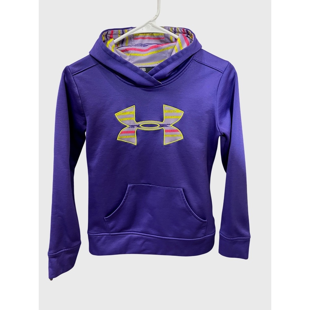 Under Armour Youth Medium Hoodie Purple Neon Logo Loose Fit Girls Sweatshirt - Picture 1 of 6